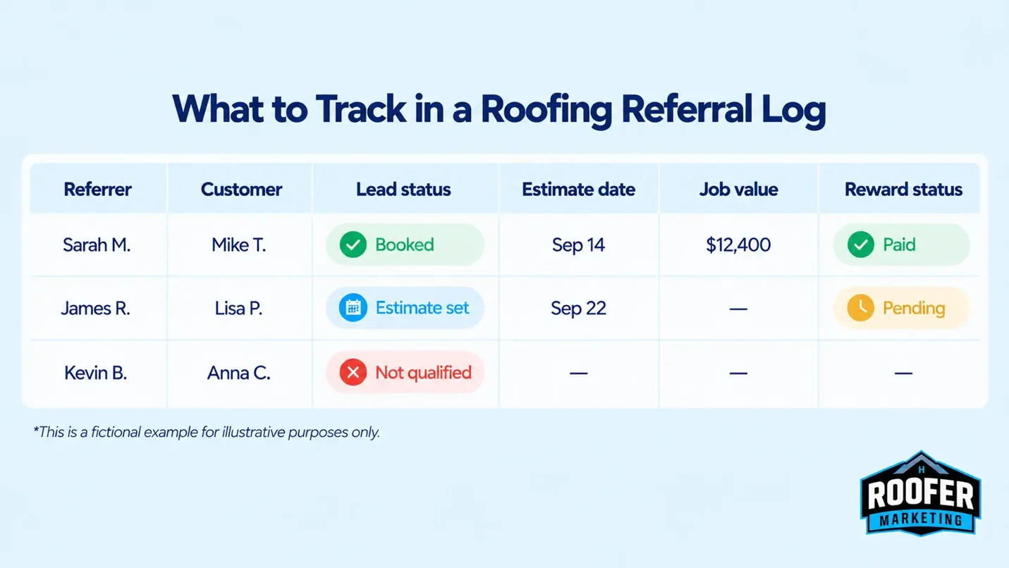 Example roofing referral log with lead and reward status